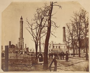 Stereograph view of the Chicago Waterworks after the Chicago Fire, 1871 by American Photographer